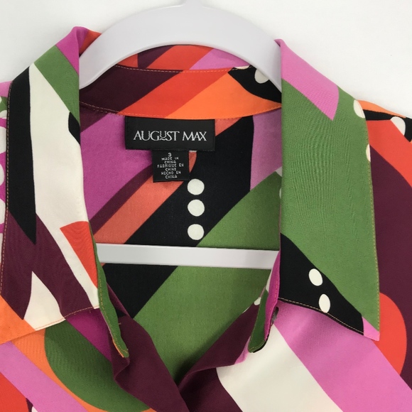 August Max 100% Silk Retro Print Button Up Blouse - Picture 3 of 8